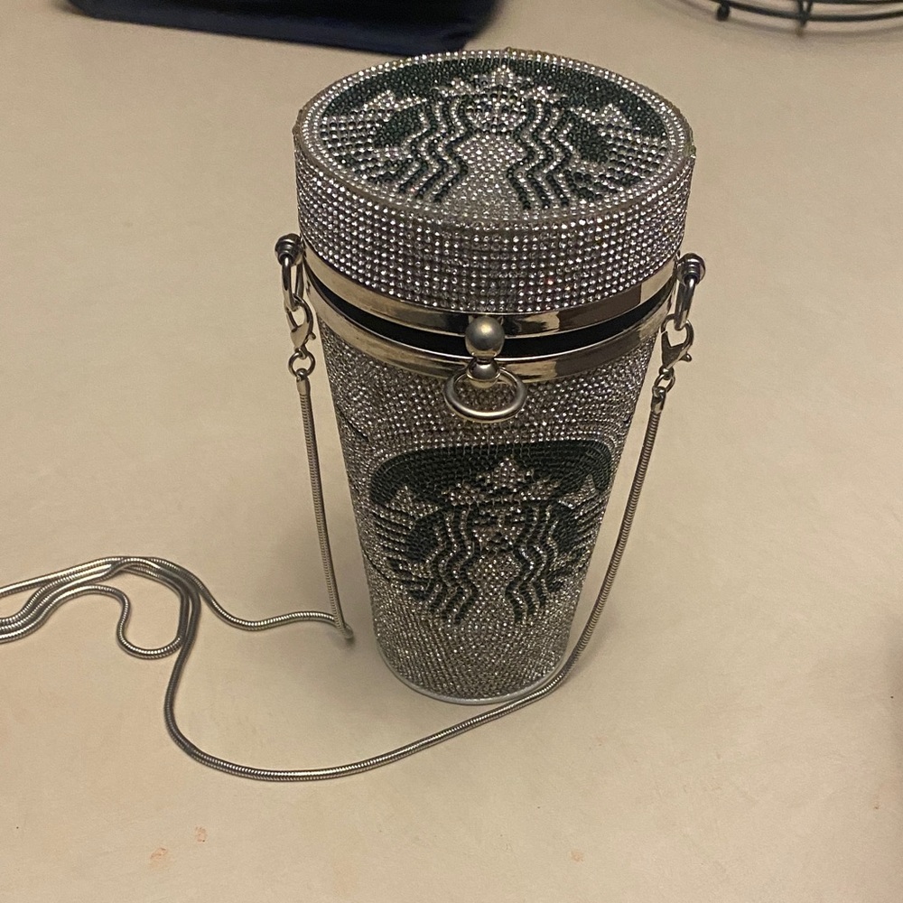Starbucks Silver and Green Rhinestone Tumbler with Strap